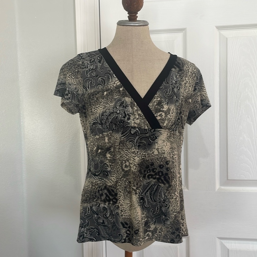 Vintage 90s JKLA tunic top stretch Paisley black white gray women’s size M